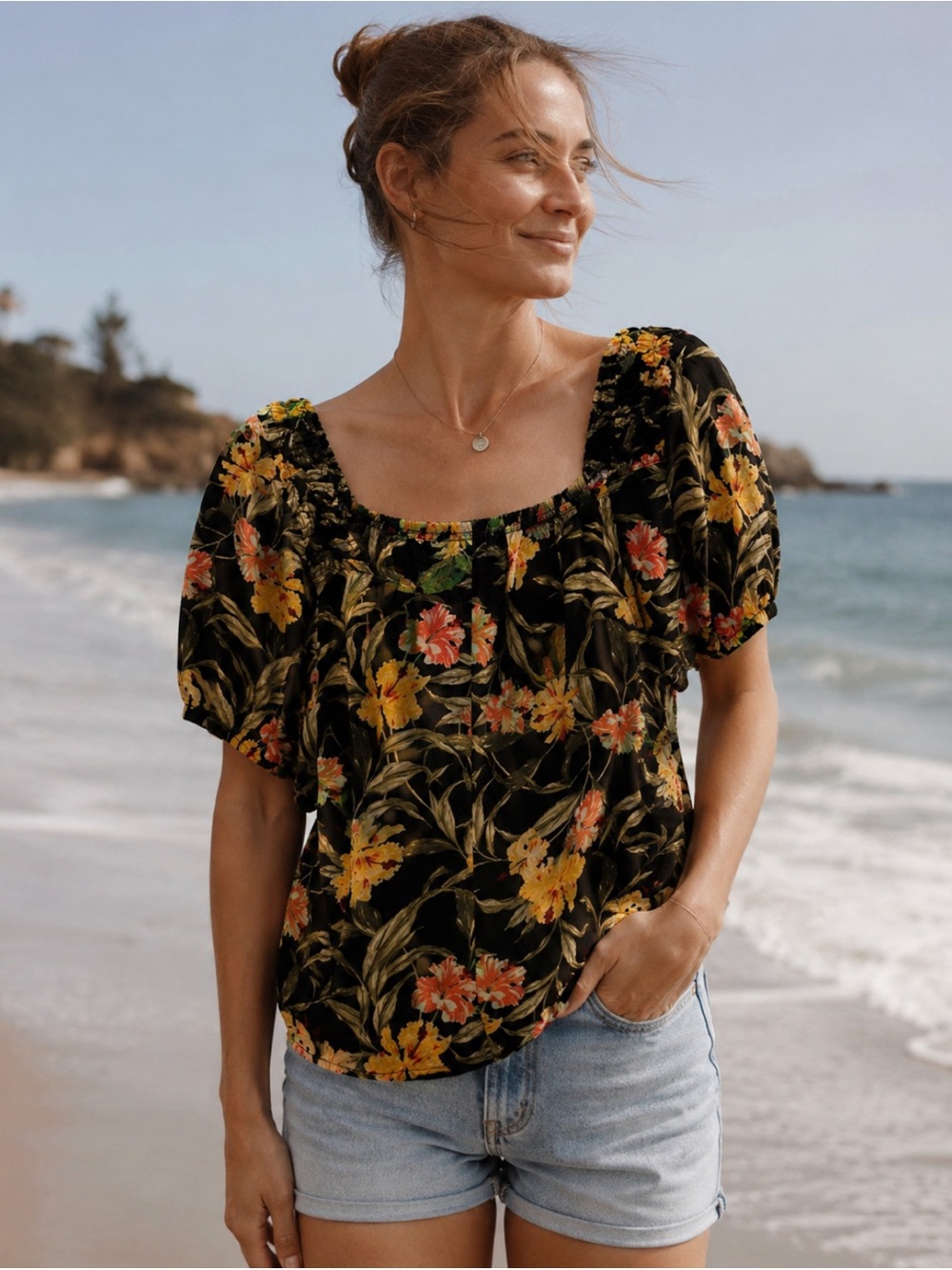 Kensie Black Floral Tropical Peasant Linen Blend Blouse Size S      NWT